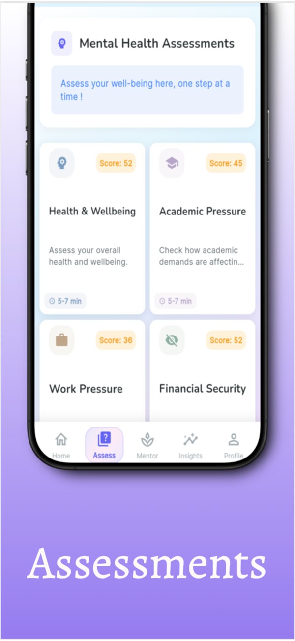 Soulene's mental health assessments screen, listing scored categories